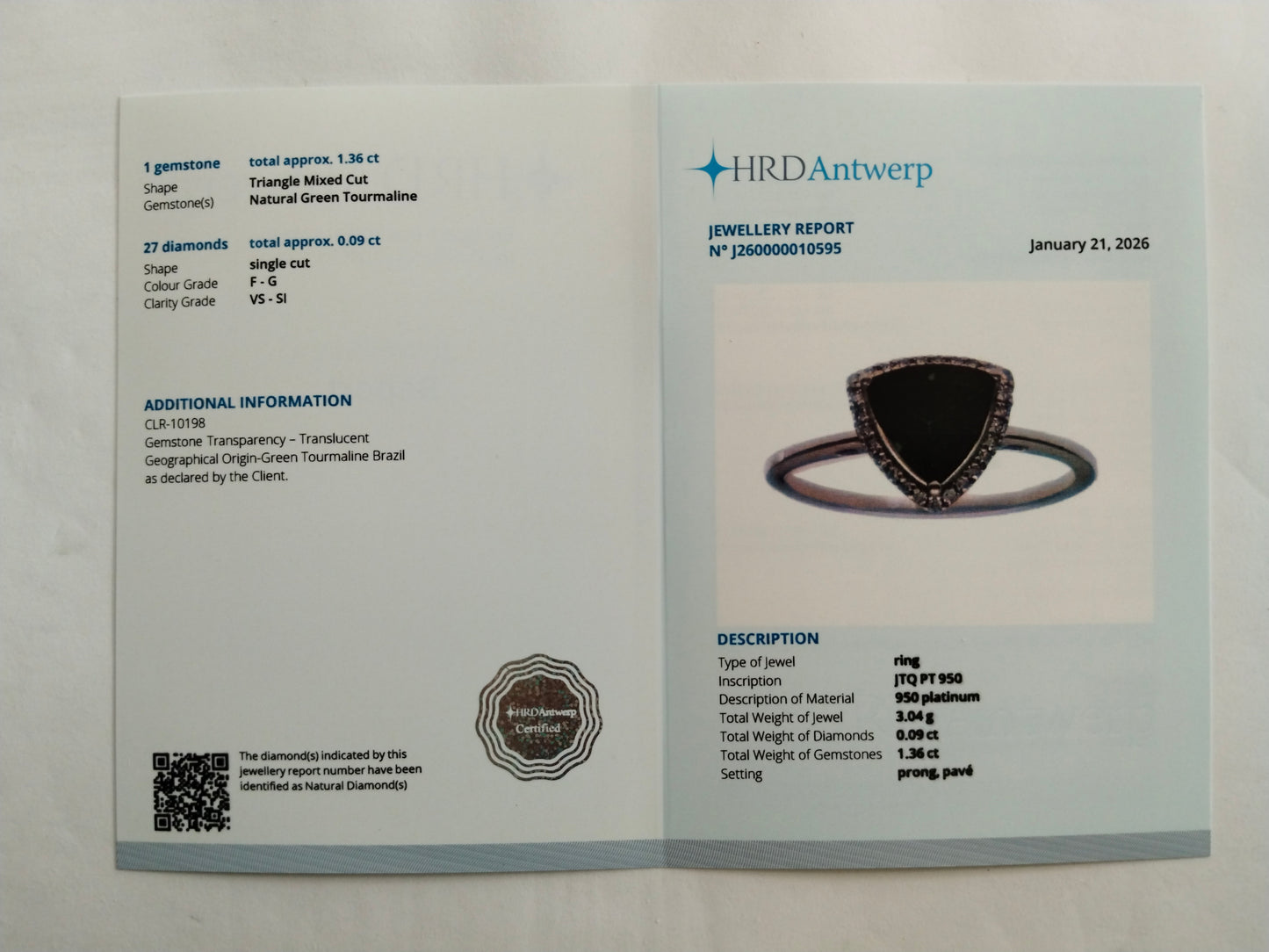 1.45 Ct Triangle Mixed Cut Natural Tourmaline 950 Platinum Ring