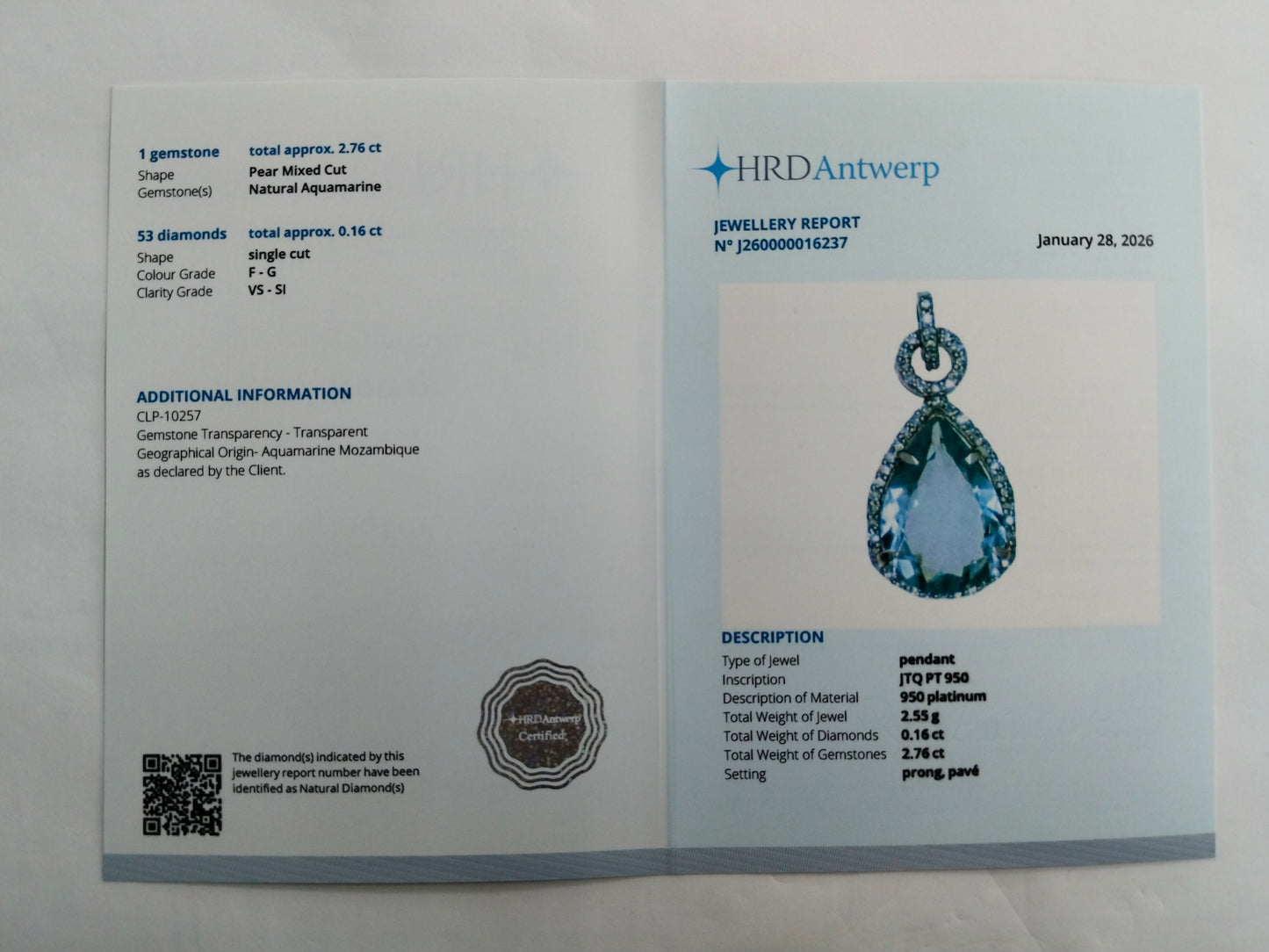 2.92 Ct Pear Mixed Cut Natural Aquamarine 950 Platinum Pendant