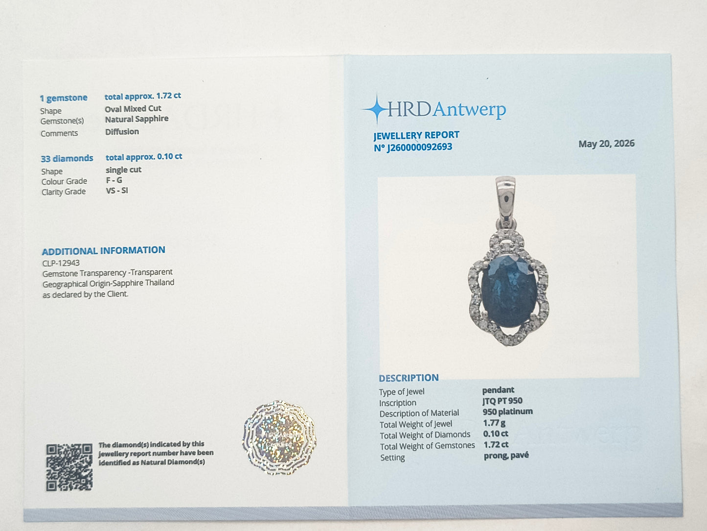 1.82 Ct Oval Sapphire 950 Platinum Pendant