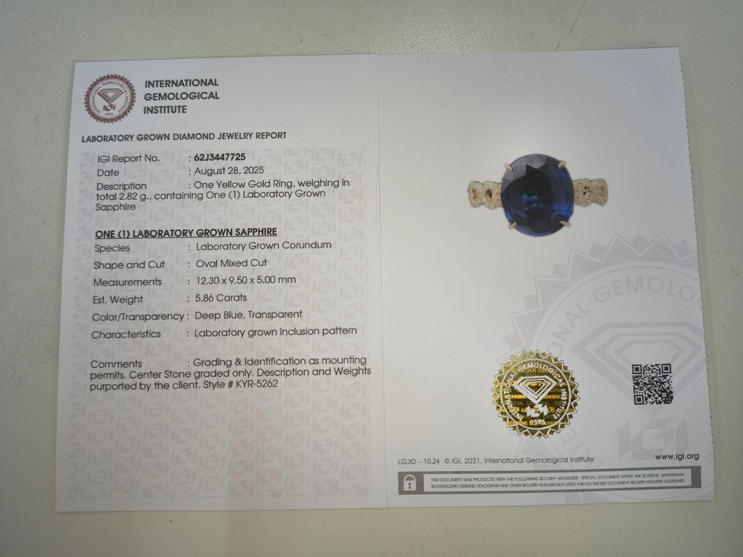 5.97 Ct Oval Mixed Cut Lab Grown Sapphire 14K Gold Ring