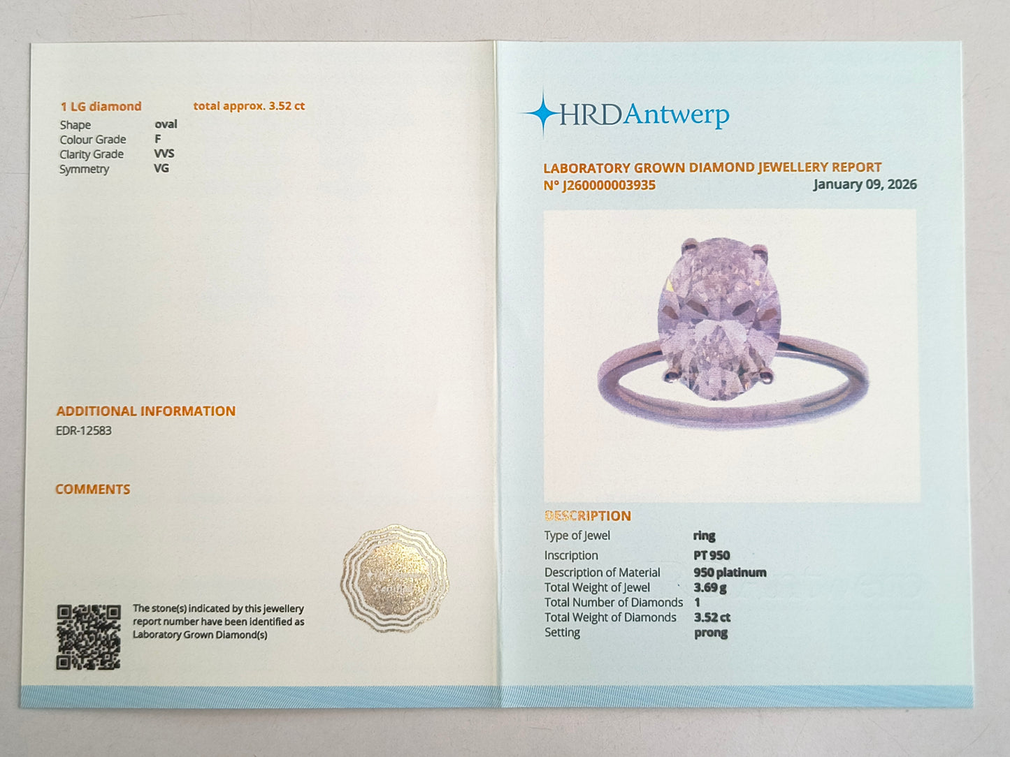3.52 Carats Lab Grown Diamond 950 Platinum Ring