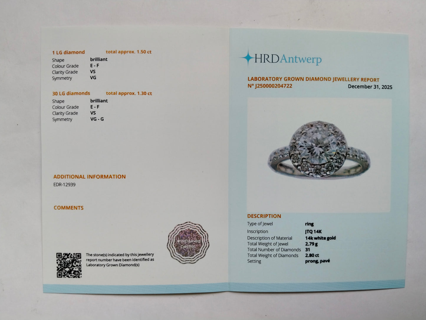 2.80 Carats Lab Grown Diamond 14K Gold Ring