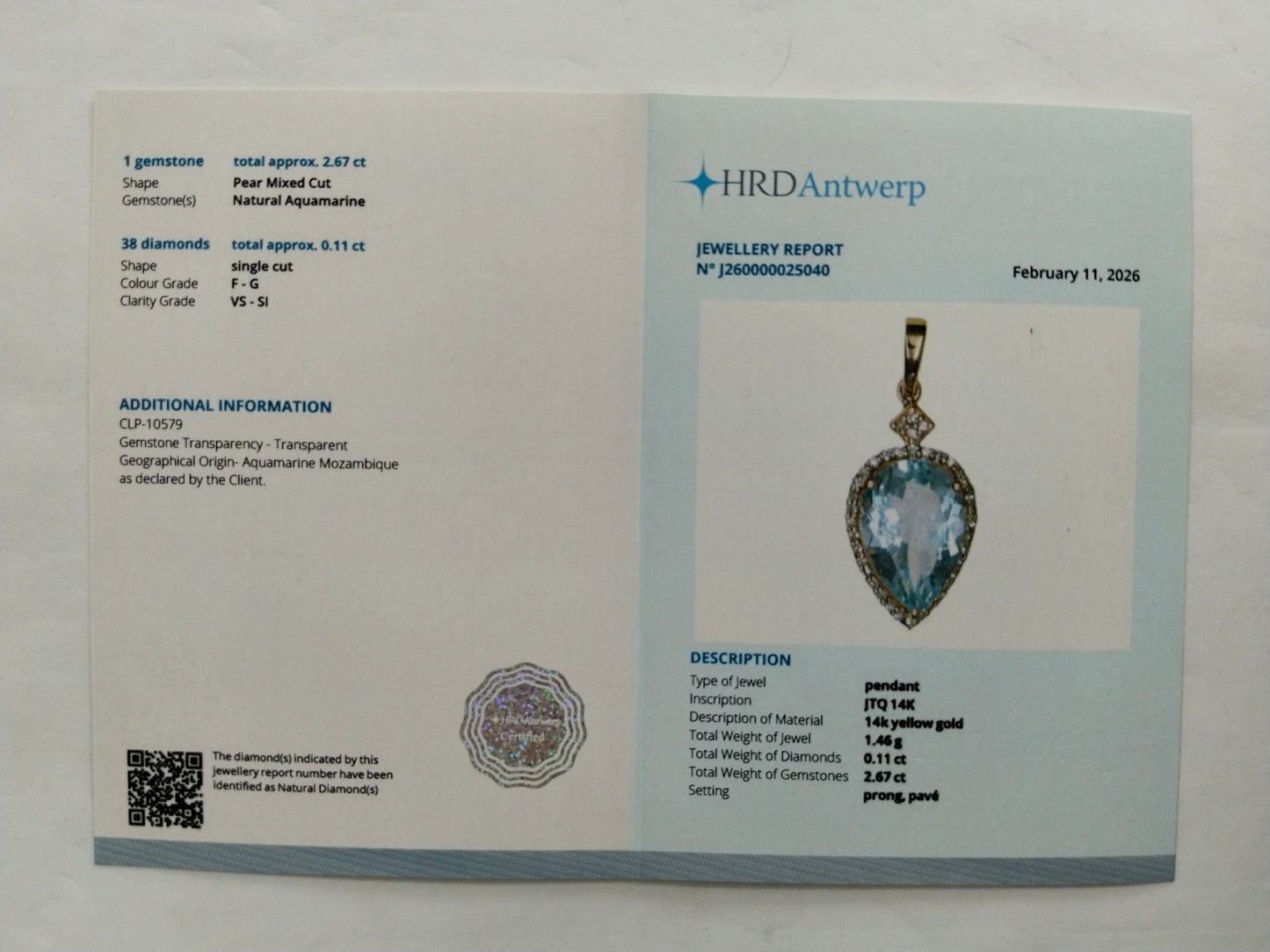 2.78 Ct Pear Mixed Cut Natural Aquamarine 14K Gold Pendant