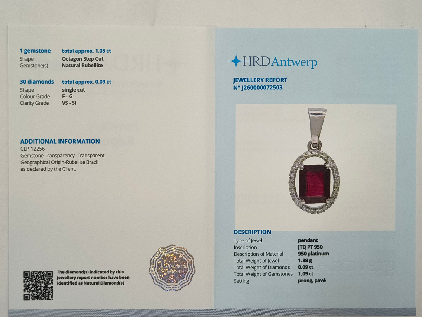1.14 Ct Octagon Step Cut Natural Rubellite 950 Platinum Pendant