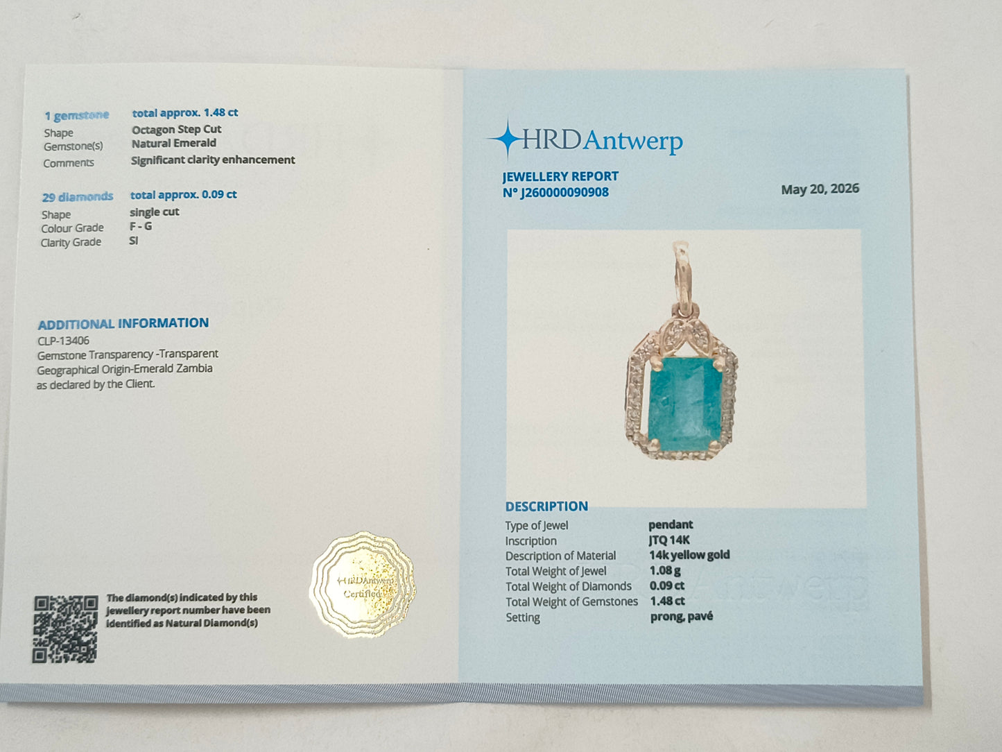 1.57 Ct Octagon Emerald 14K Gold Pendant