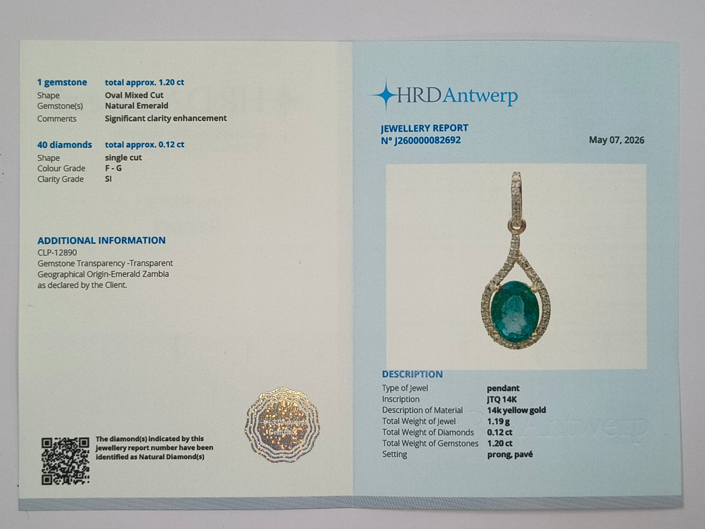 1.32 Ct Oval Mixed Cut Natural Emerald 14K Gold Pendant