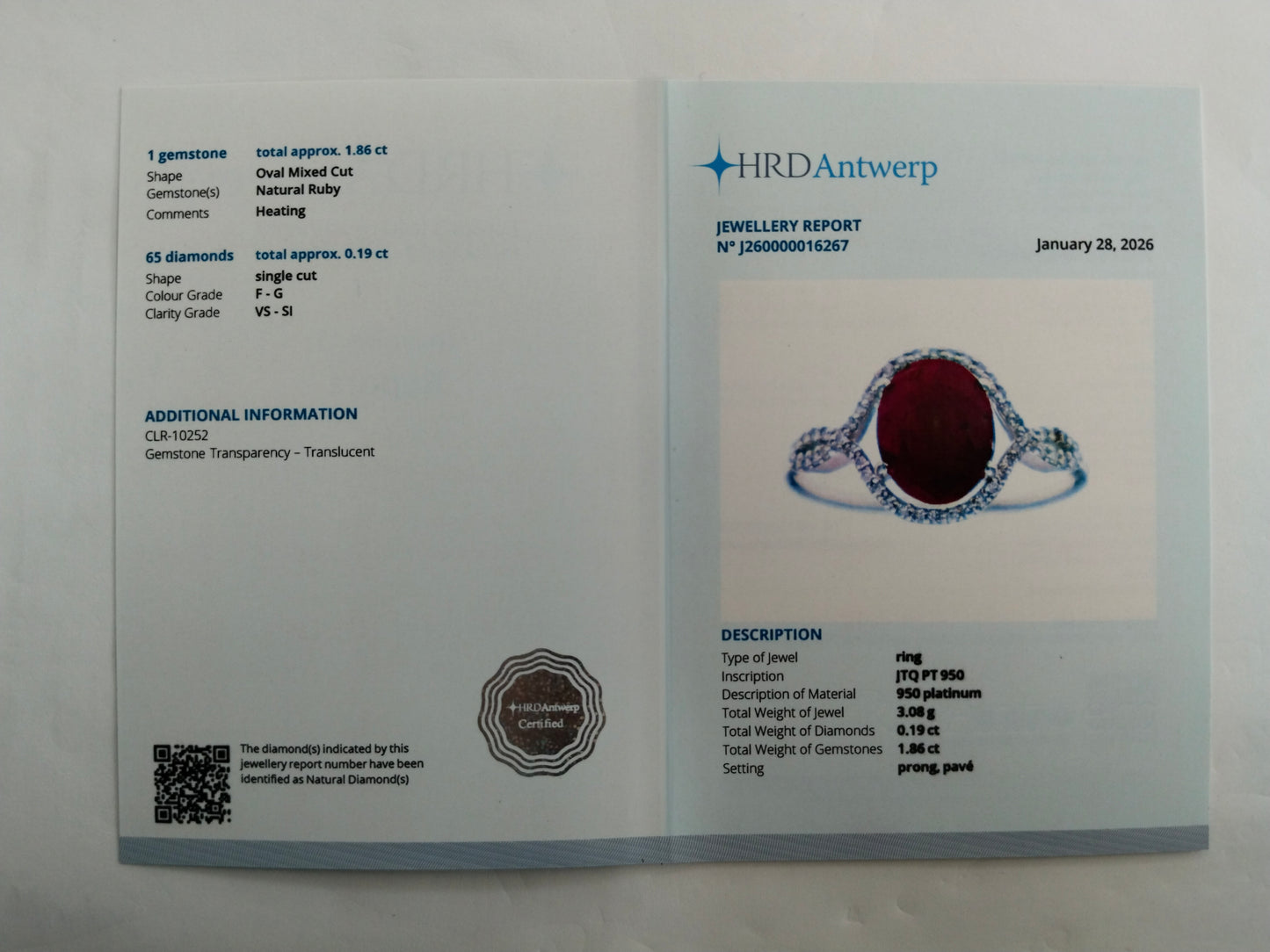 2.05 Ct Oval Mixed Cut Natural Ruby 950 Platinum Ring