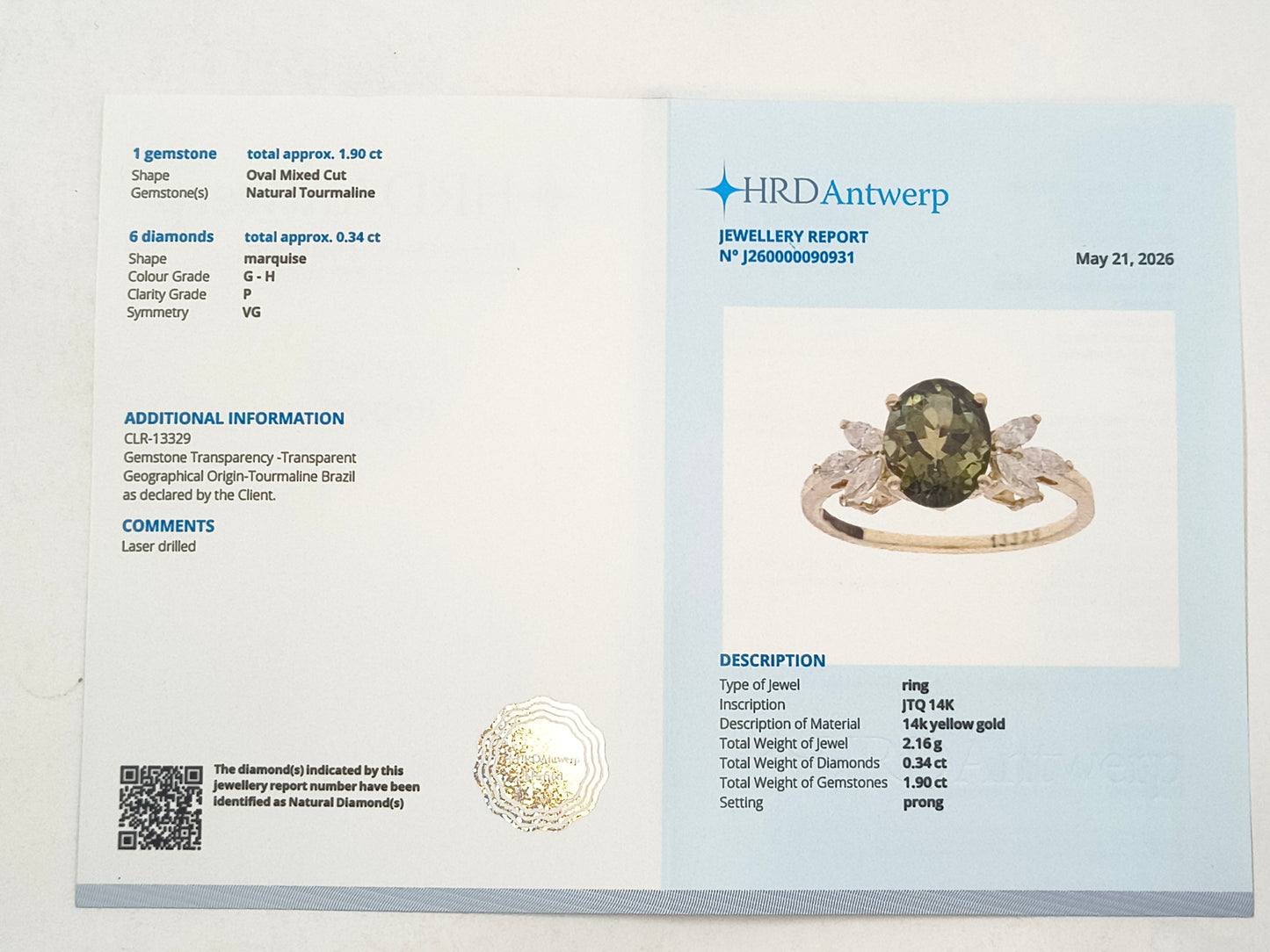 2.24 Ct Oval Tourmaline 14K Gold Ring