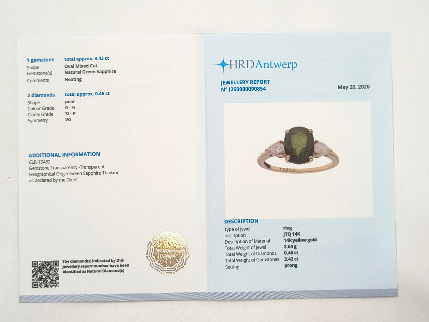 3.88 Ct Cushion Green Sapphire 14K Gold Ring
