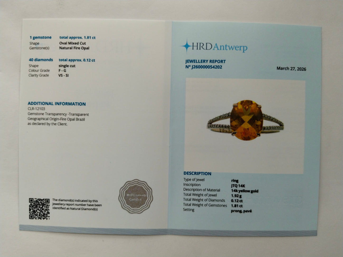 1.93 Ct Oval Mixed Cut Natural Fire Opal 14K Gold Ring
