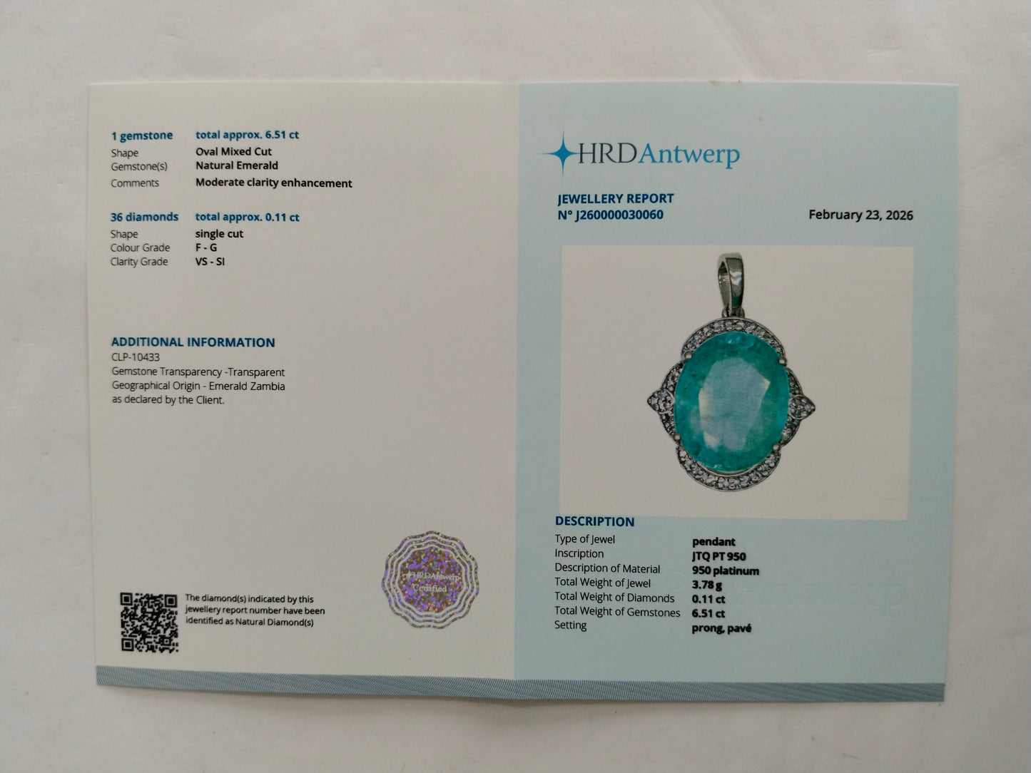 6.62 Ct Oval Mixed Cut Natural Emerald 950 Platinum Pendant