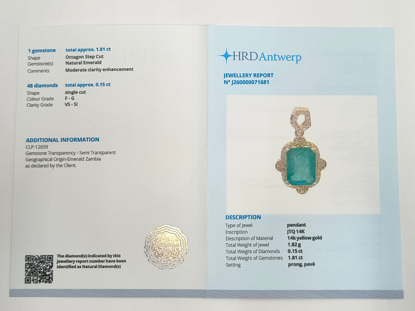 1.96 Ct Octagon Step Cut Natural Emerald 14K Gold Pendant