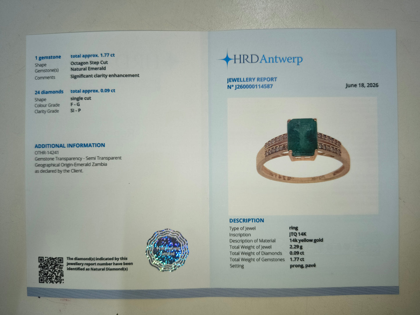 1.86 Ct Octagon Step Cut Natural Emerald 14K Gold Ring