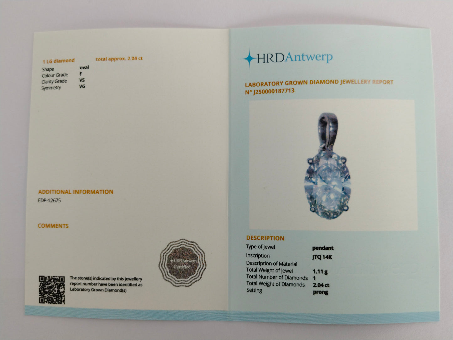 2.04 Carats Lab Grown Diamond 14K Gold Pendant