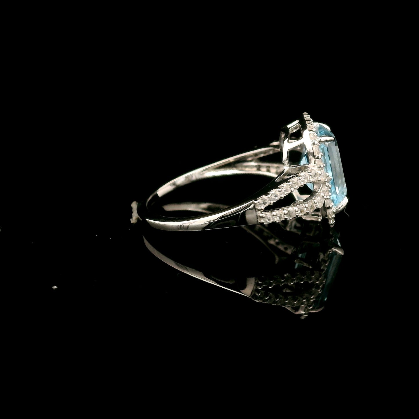 3.47 Ct Octagon Blue Topaz, White Zircon 925 Sterling Silver Ring