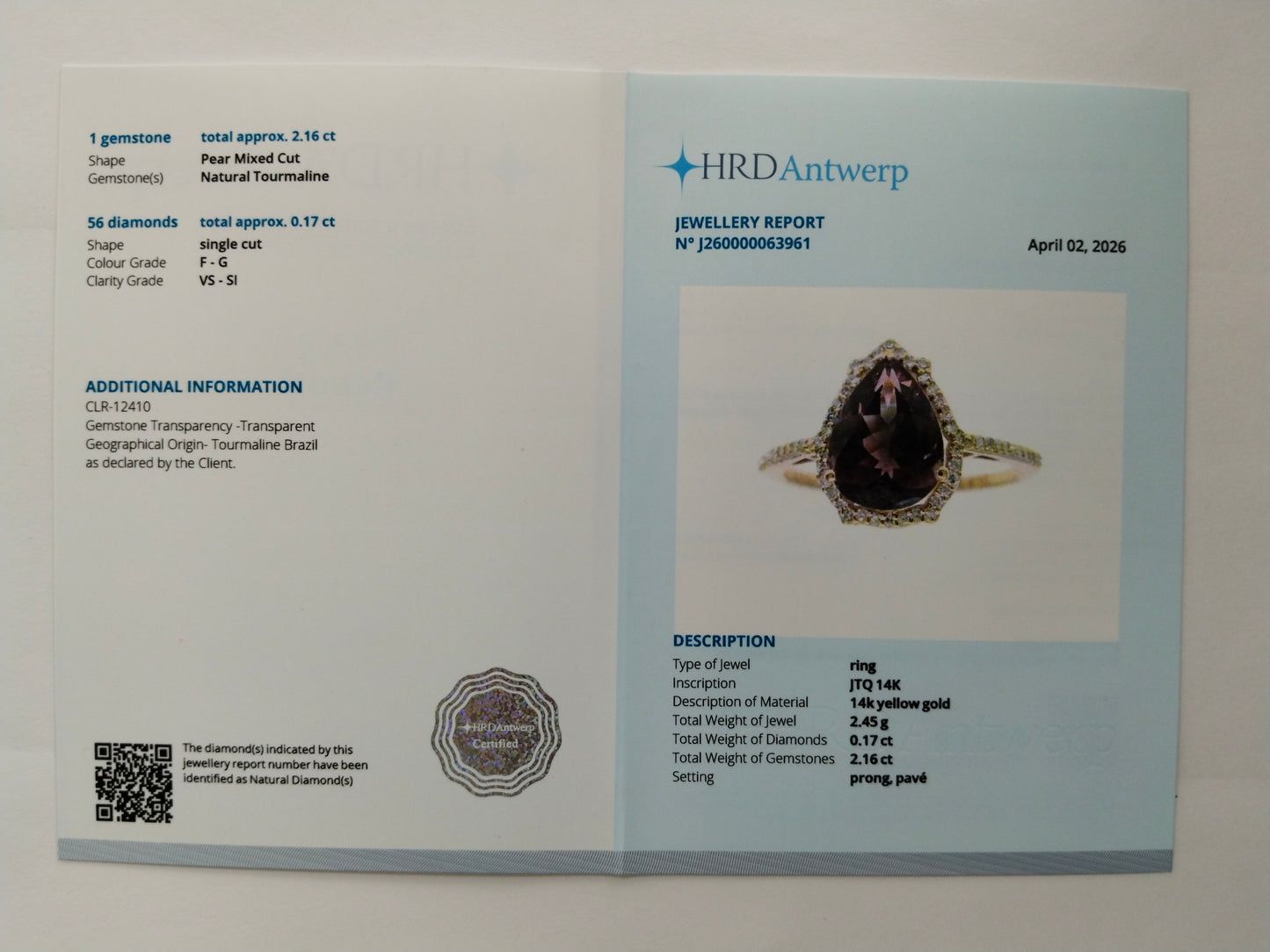 2.33 Ct Pear Mixed Cut Natural Tourmaline 14K Gold Ring