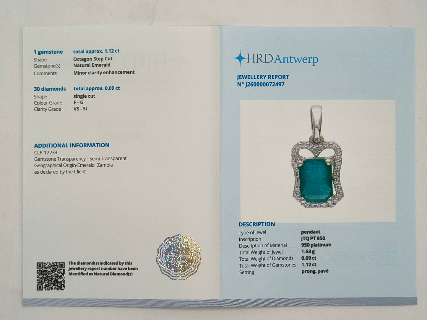 1.21 Ct Octagon Step Cut Natural Emerald 950 Platinum Pendant