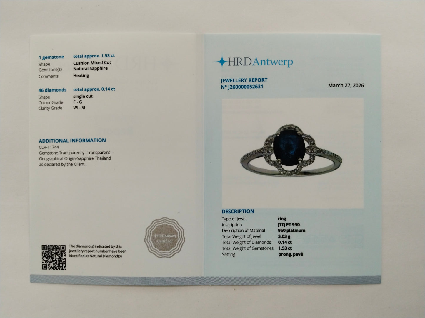 1.67 Ct Cushion Mixed Cut Natural Sapphire 950 Platinum Ring