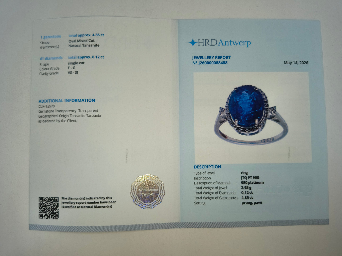 2.93 Ct Oval Mixed Cut Natural Tanzanite 950 Platinum Ring