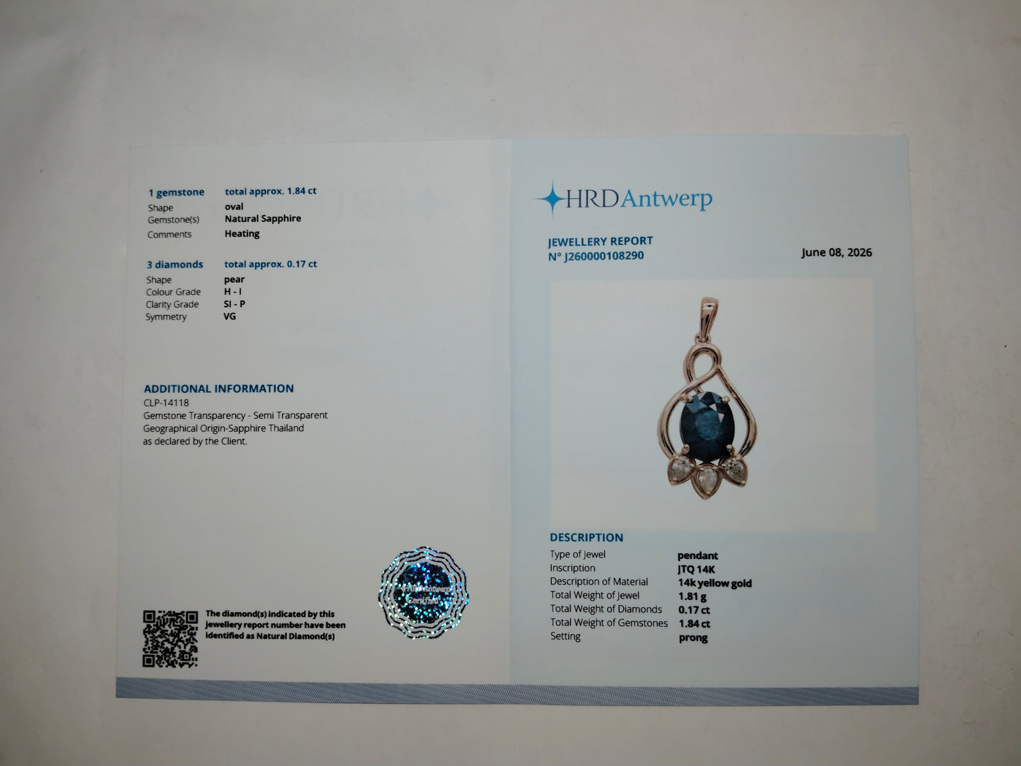 2.01 Ct Oval Mixed Cut Natural Sapphire 14K Gold Pendant