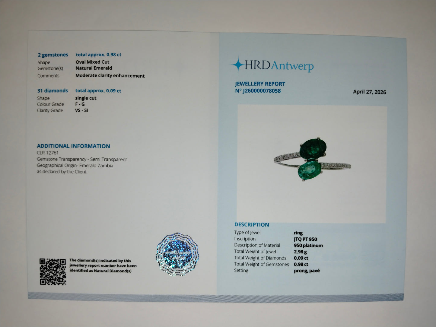 1.67 Ct Oval Mixed Cut Natural Emerald 950 Platinum Ring