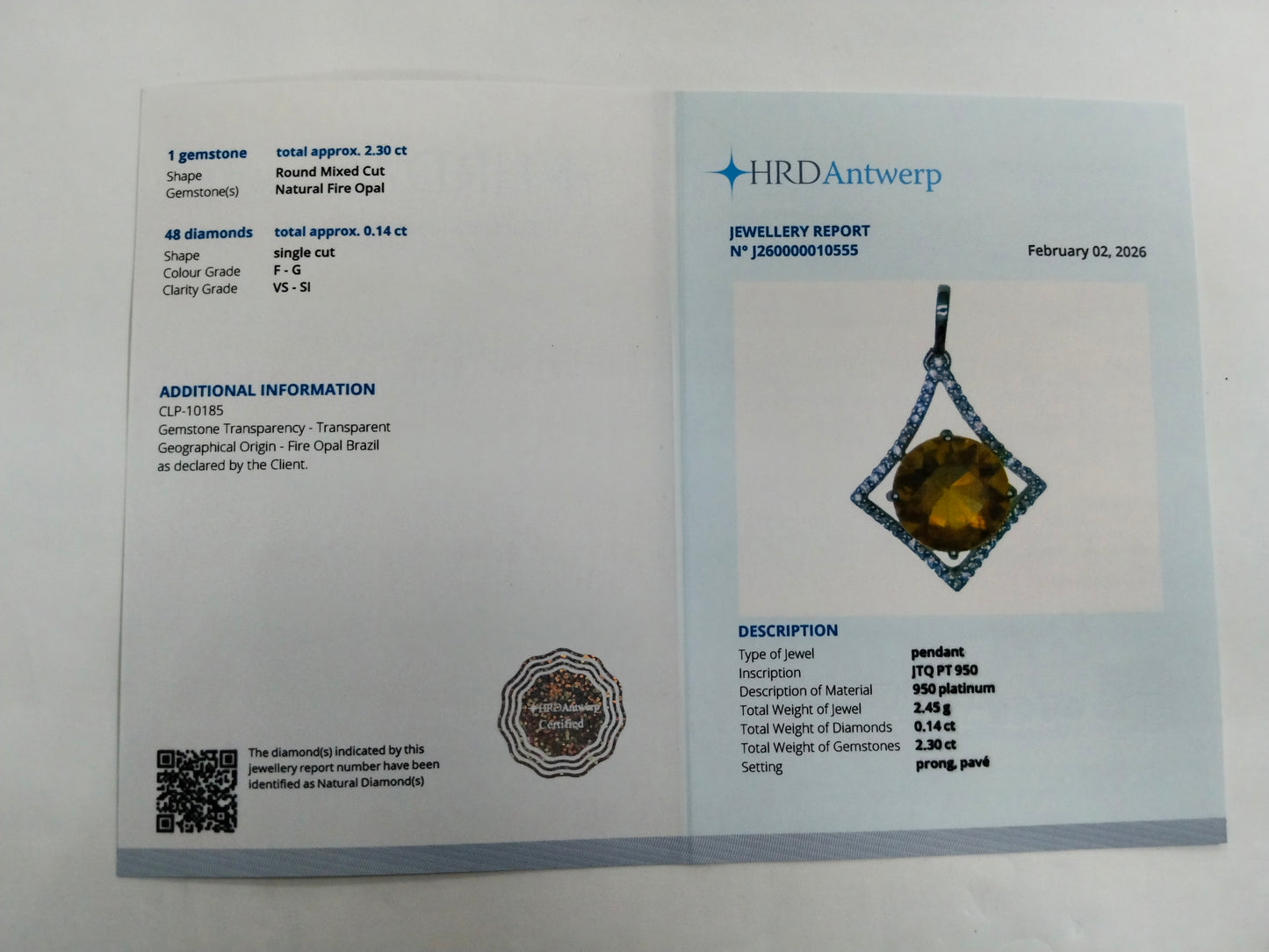 2.44 Ct Round Mixed Cut Natural Fire Opal 950 Platinum Pendant