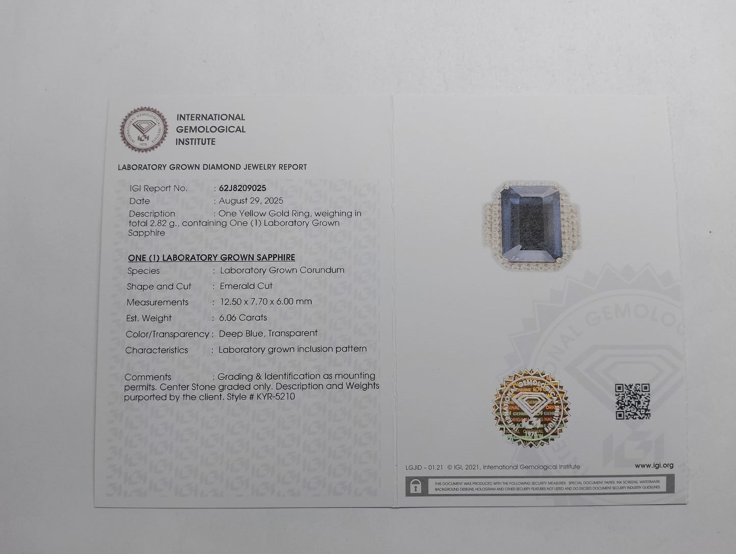 6.24 Ct Emerald Cut Lab Grown Sapphire 14K Gold Ring