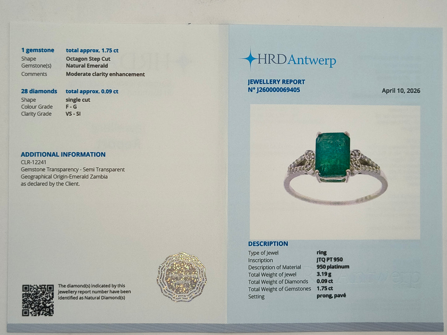1.84 Ct Octagon Step Cut Natural Emerald 950 Platinum Ring