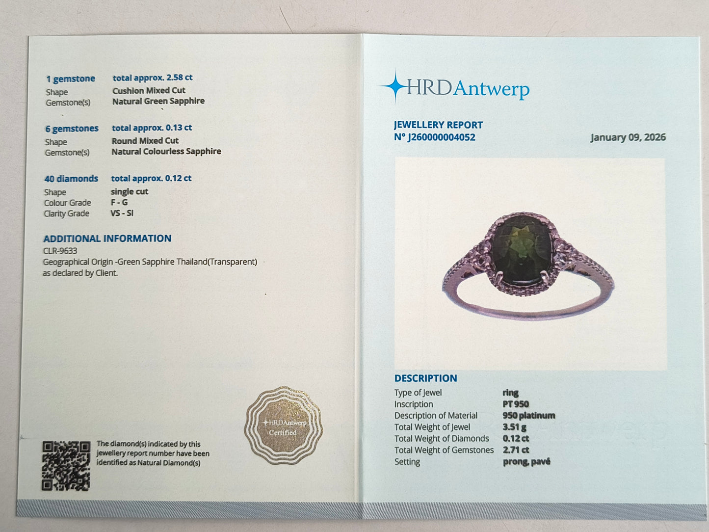 2.83 Ct Cushion Mixed Cut Natural Green Sapphire 950 Platinum Ring
