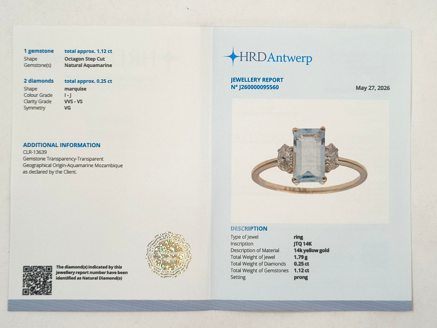 1.37 Ct Octagon Step Cut Natural Aquamarine 14K Gold Ring