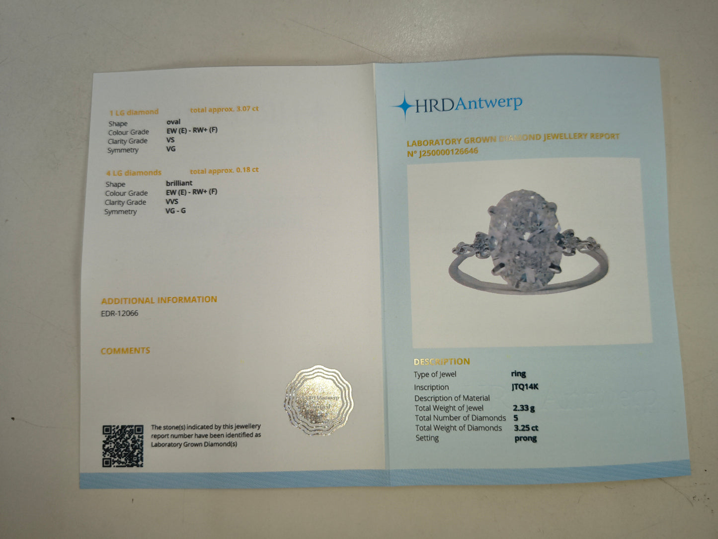 3.25 Carats Lab Grown Diamond 14K Gold Ring