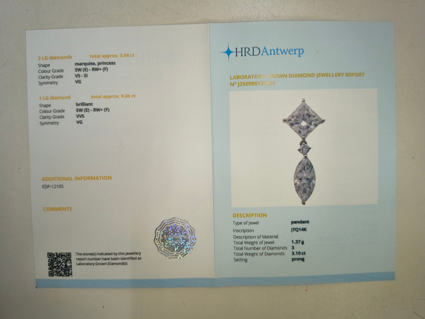 3.10 Carats Lab Grown Diamond 14K Gold Pendant