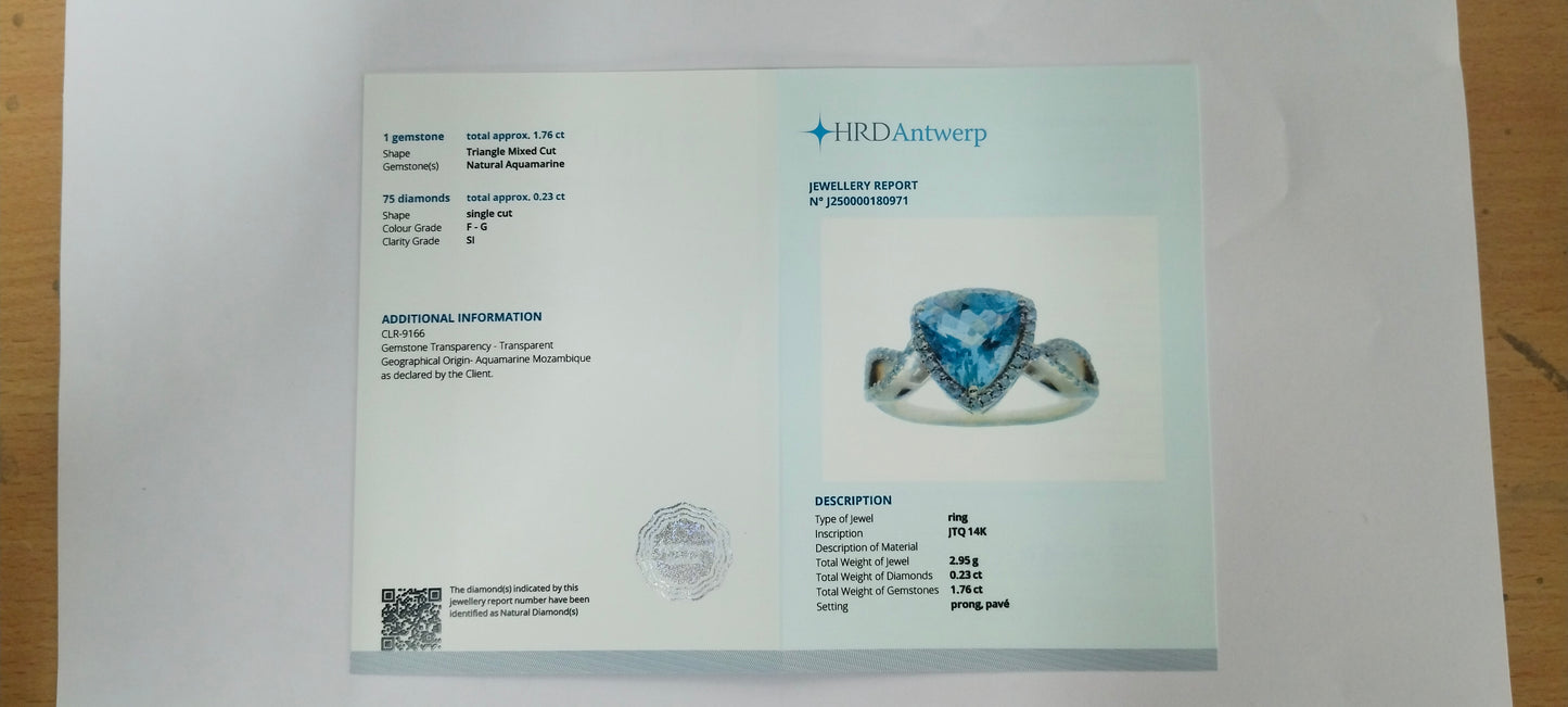 1.99 Ct Triangle Mixed Cut Natural Aquamarine 14K Gold Ring