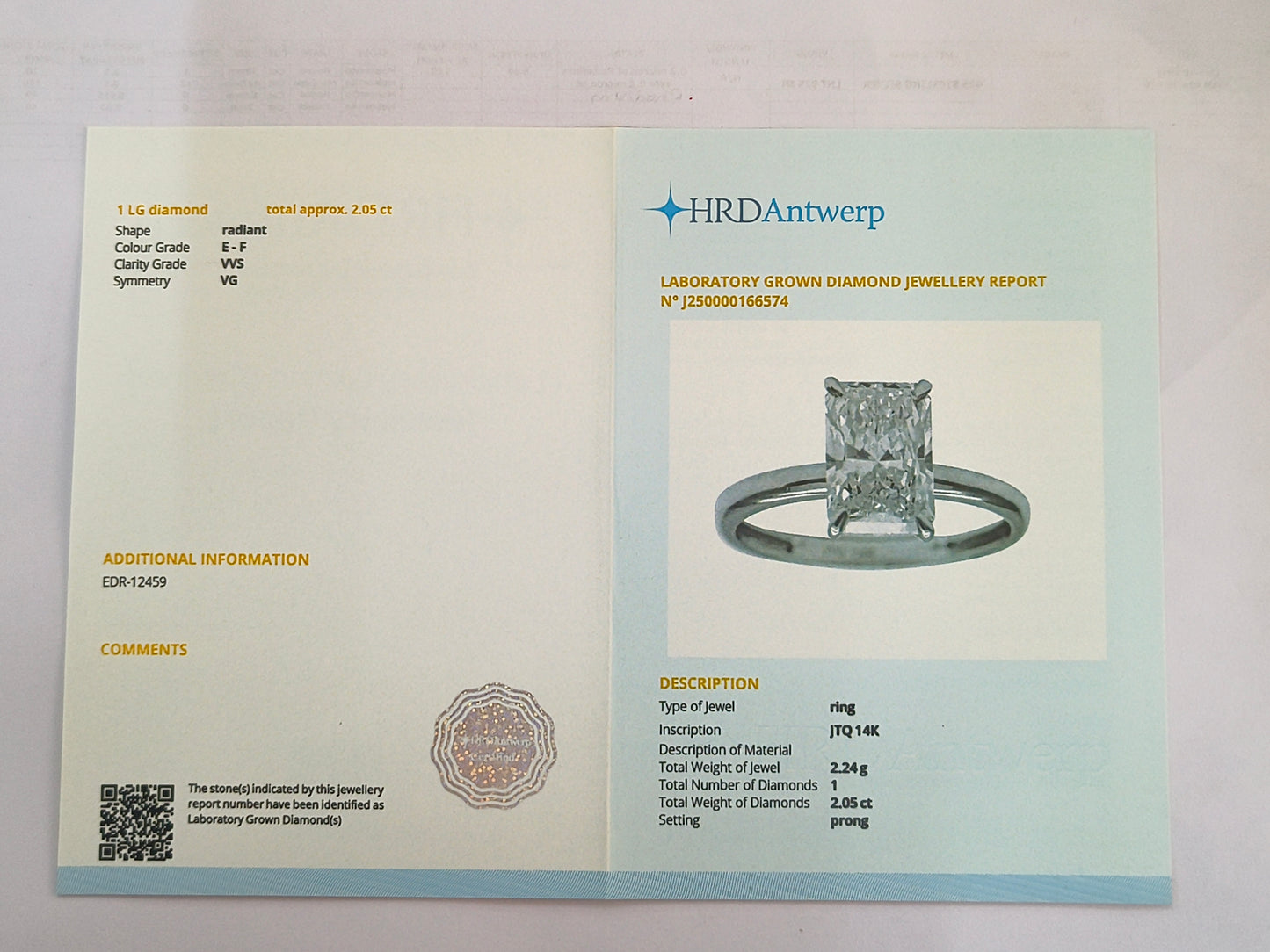 2.05 Carats Lab Grown Diamond 14K Gold Ring