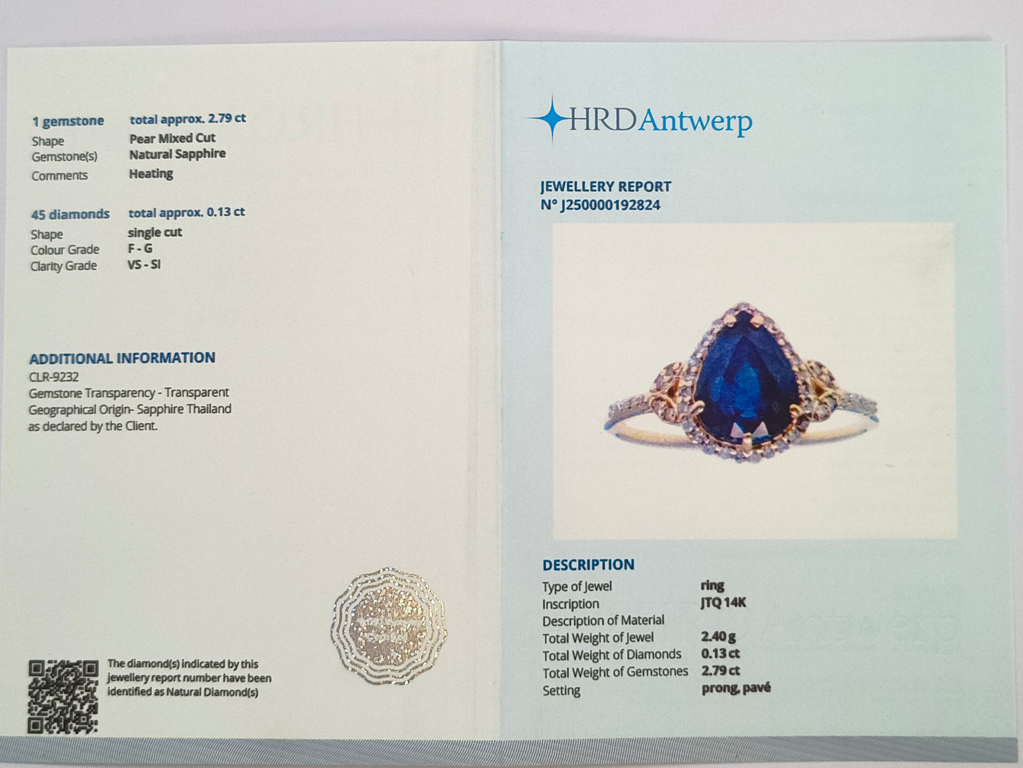 2.92 Ct Pear Mixed Cut Natural Sapphire 14K Gold Ring