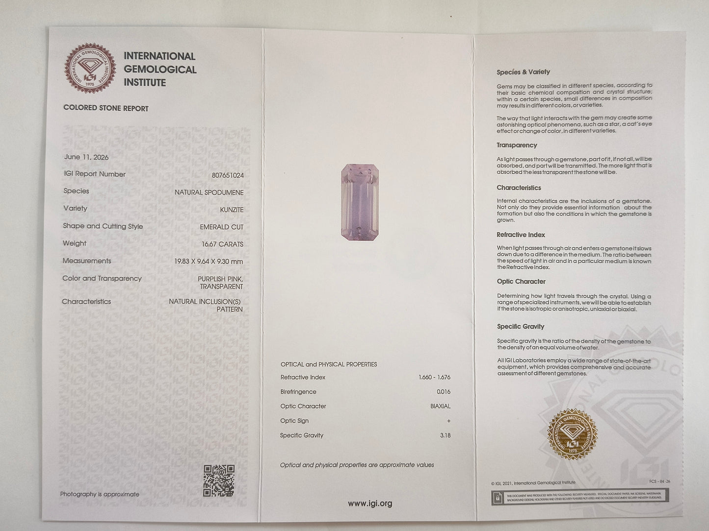 16.63 Natural Spodumene Kunzite Emerald Cut Gemstone