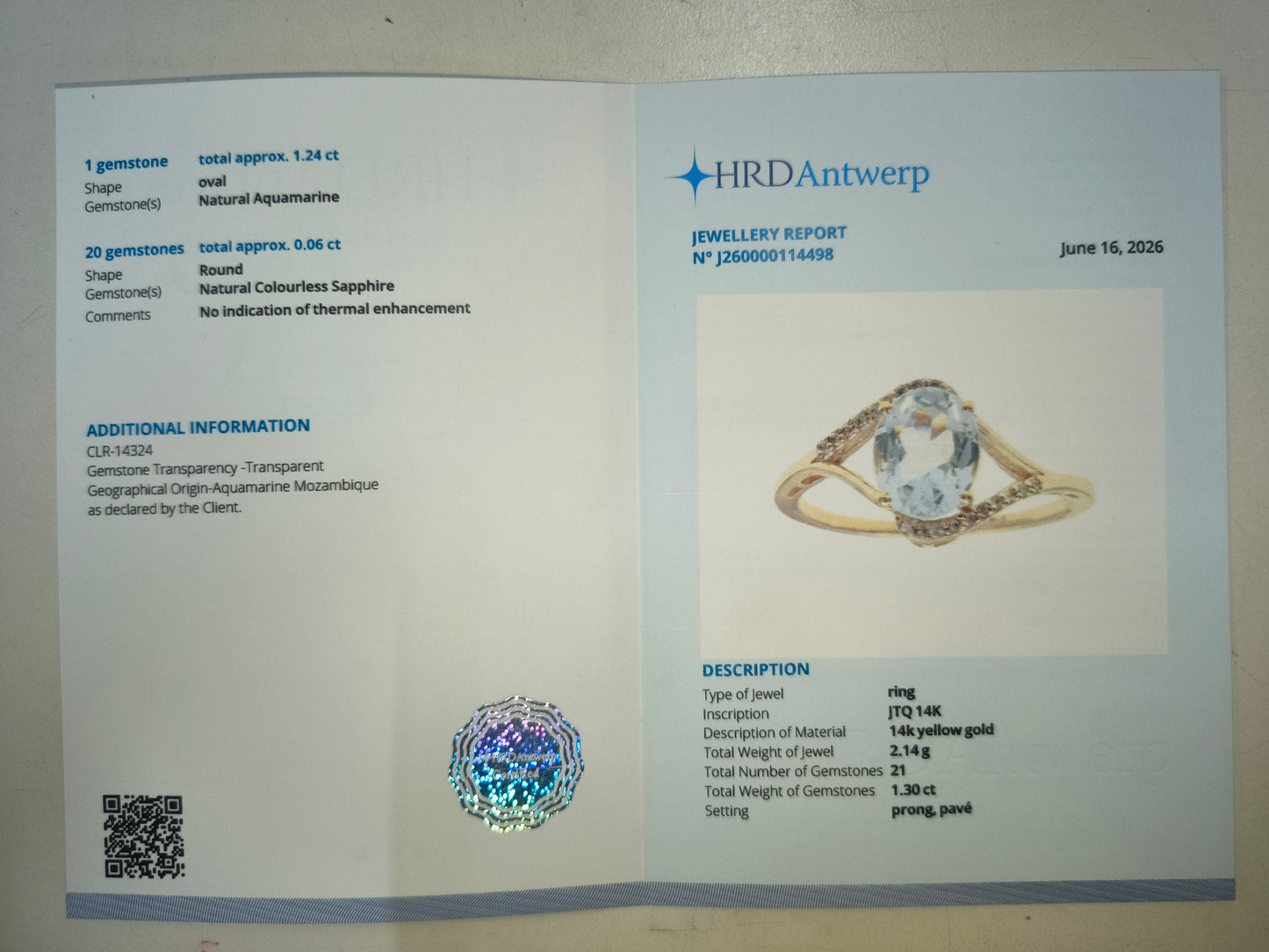 1.30 Ct Oval Natural Aquamarine 14K Gold Ring