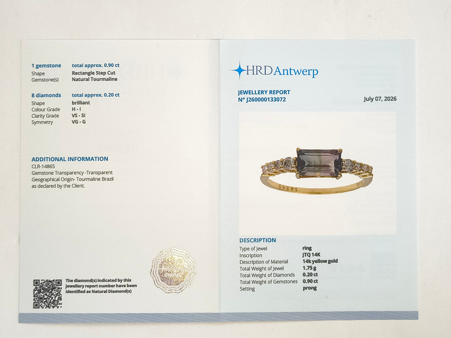 1.10 Ct Rectangle Step Cut Natural Tourmaline 14K Gold Ring