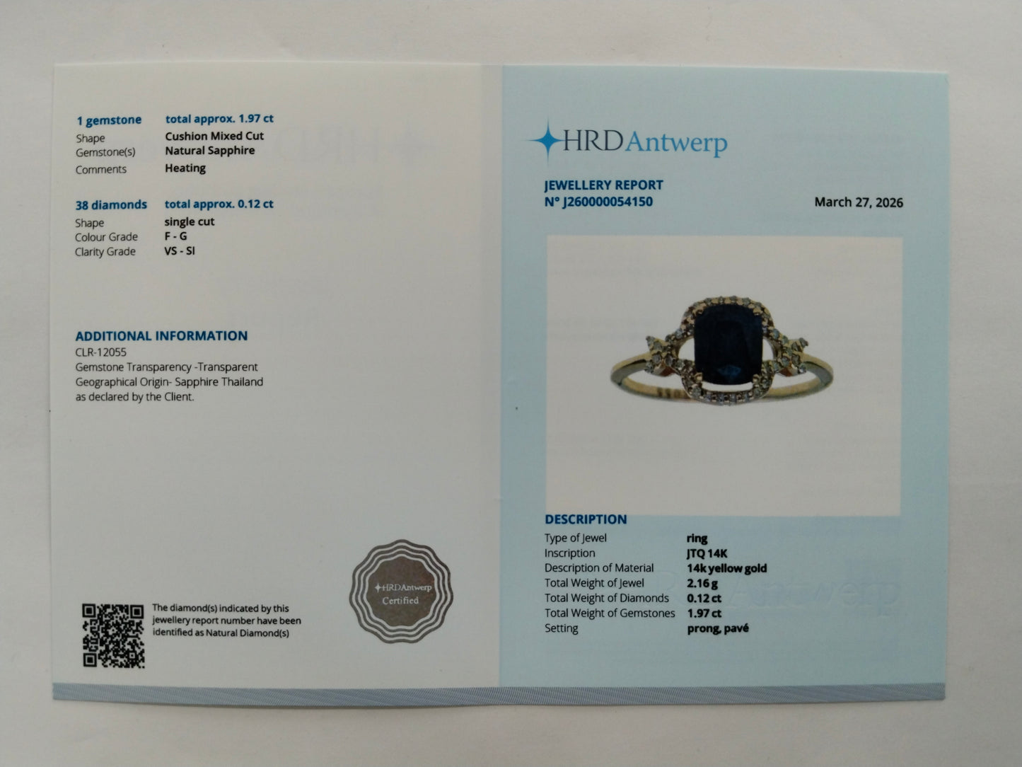 2.09 Ct Cushion Mixed Cut Natural Sapphire 14K Gold Ring
