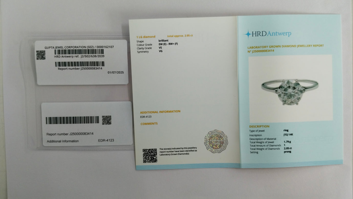 2.05 Carats Lab Grown Diamond 14K Gold Ring