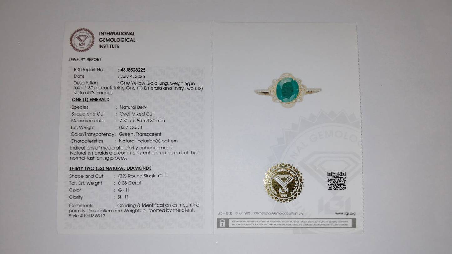 0.95 Ct Oval Mixed Cut Natural Beryl Emerald 14K Gold Ring