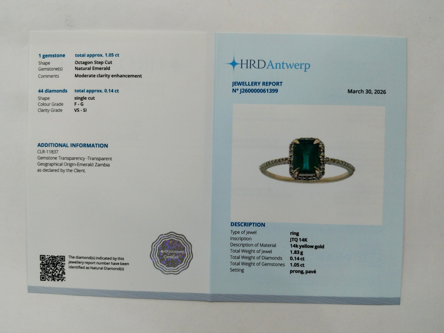 1.19 Ct Octagon Step Cut Natural Emerald 14K Gold Ring