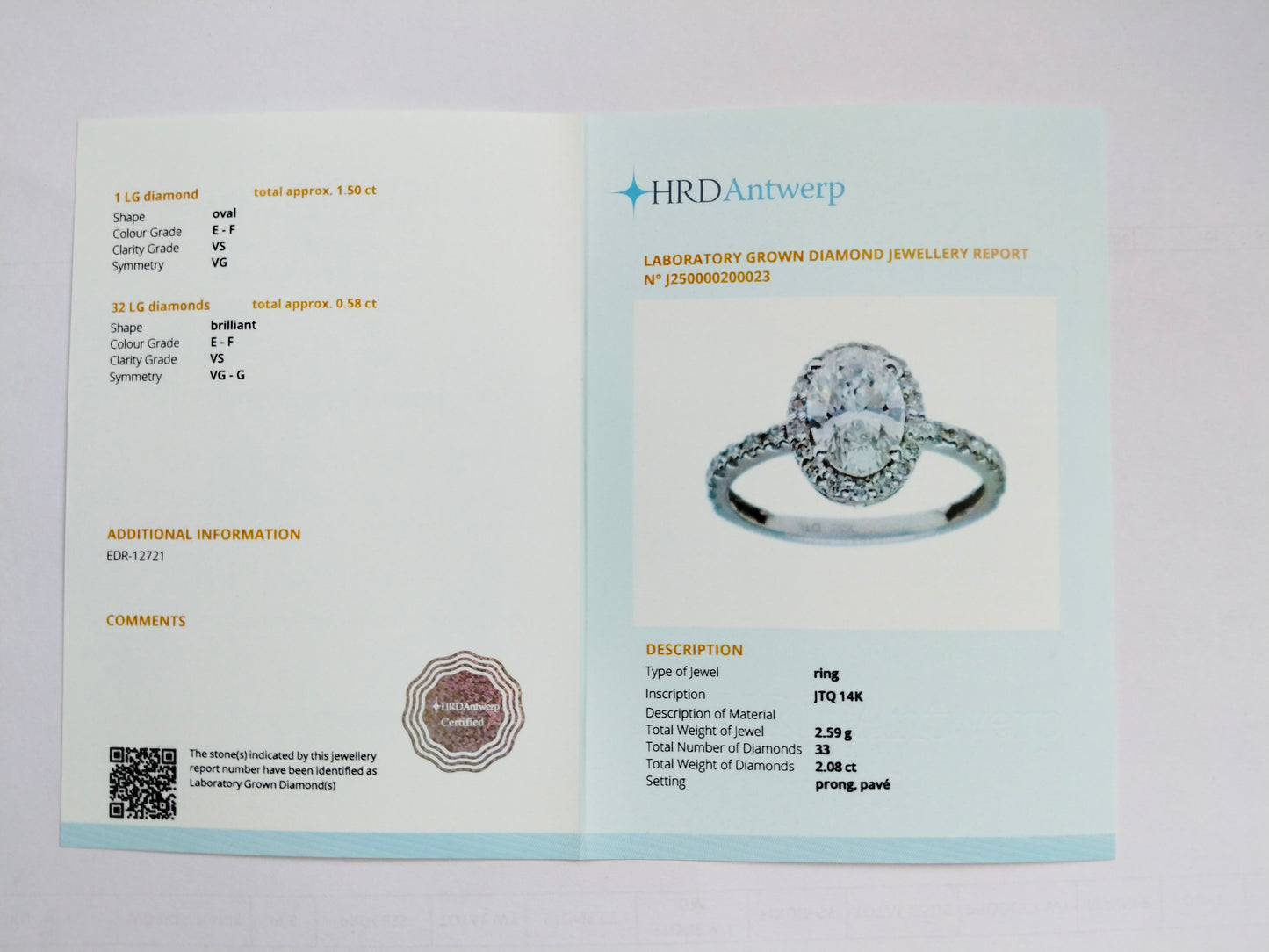 2.08 Carats Lab Grown Diamond 14K Gold Ring
