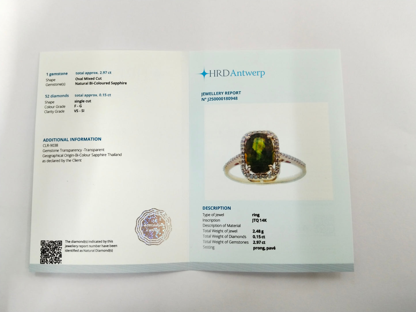 3.12 Ct Oval Mixed Cut Natural Bi-Coloured Sapphire 14K Gold Ring