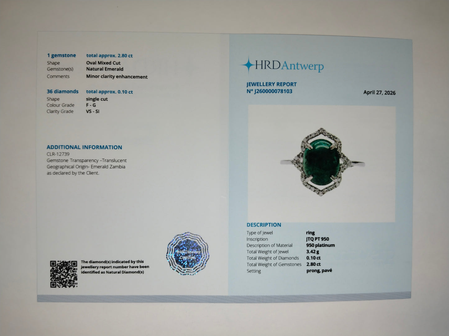2.90 Ct Oval Mixed Cut Natural Emerald 950 Platinum Ring