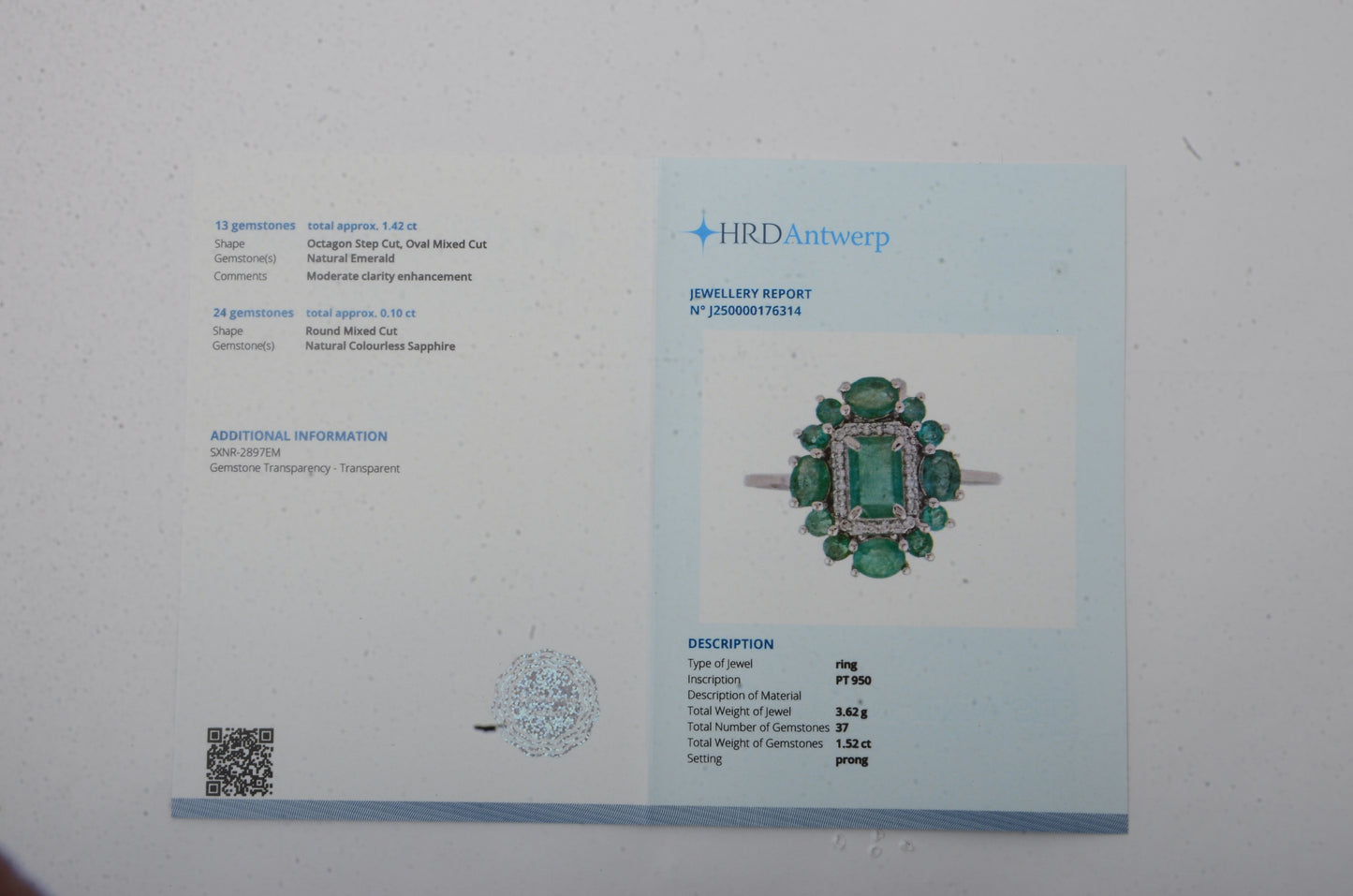 1.52 Ct Octagon Step Cut, Oval Mixed Cut, Round Mixed Cut Natural Emerald 950 Platinum Ring