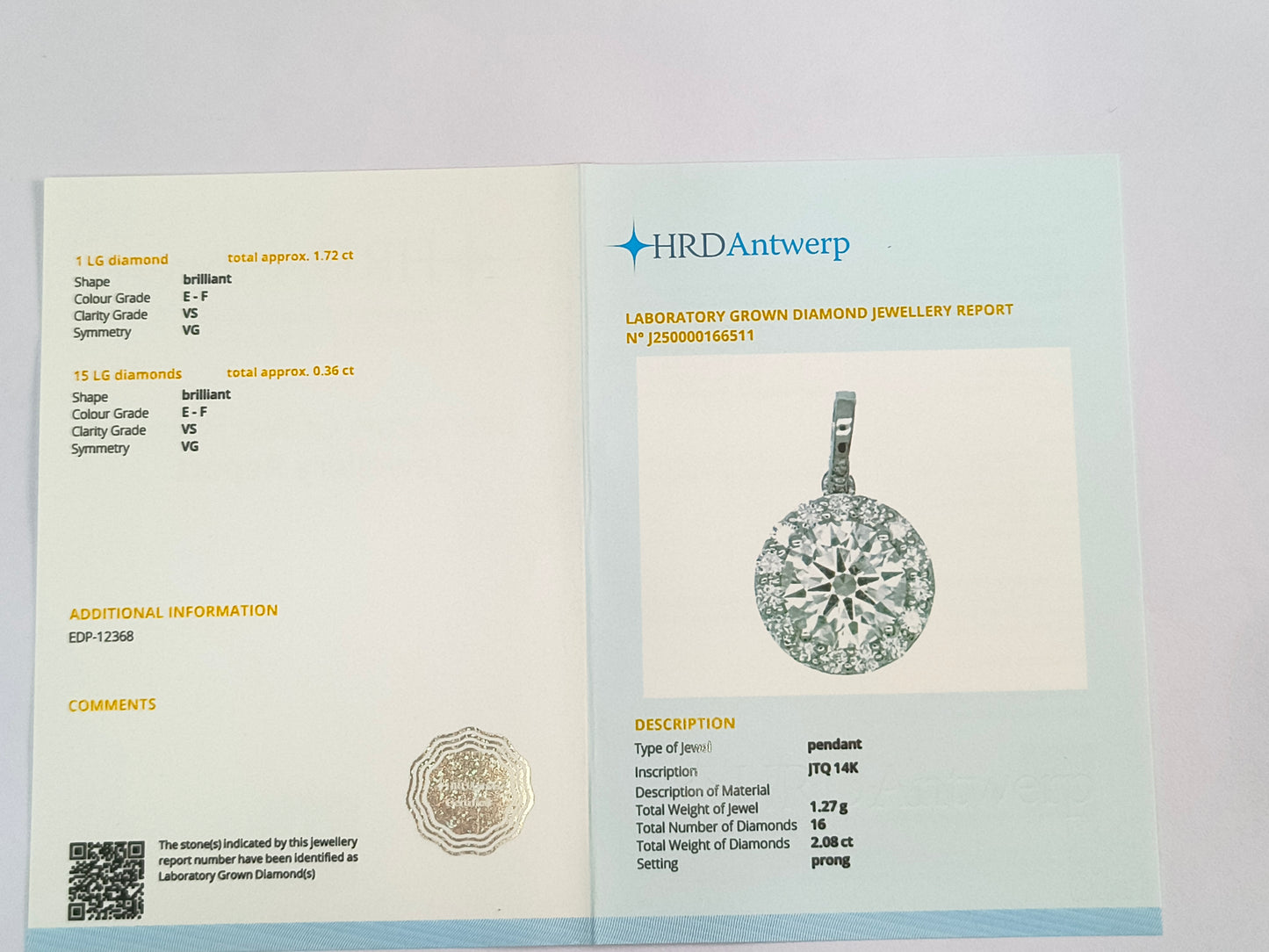 2.08 Carats Lab Grown Diamond 14K Gold Pendant