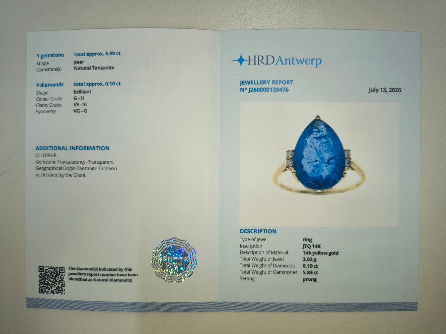 5.99 Ct Pear Natural Tanzanite 14K Gold Ring