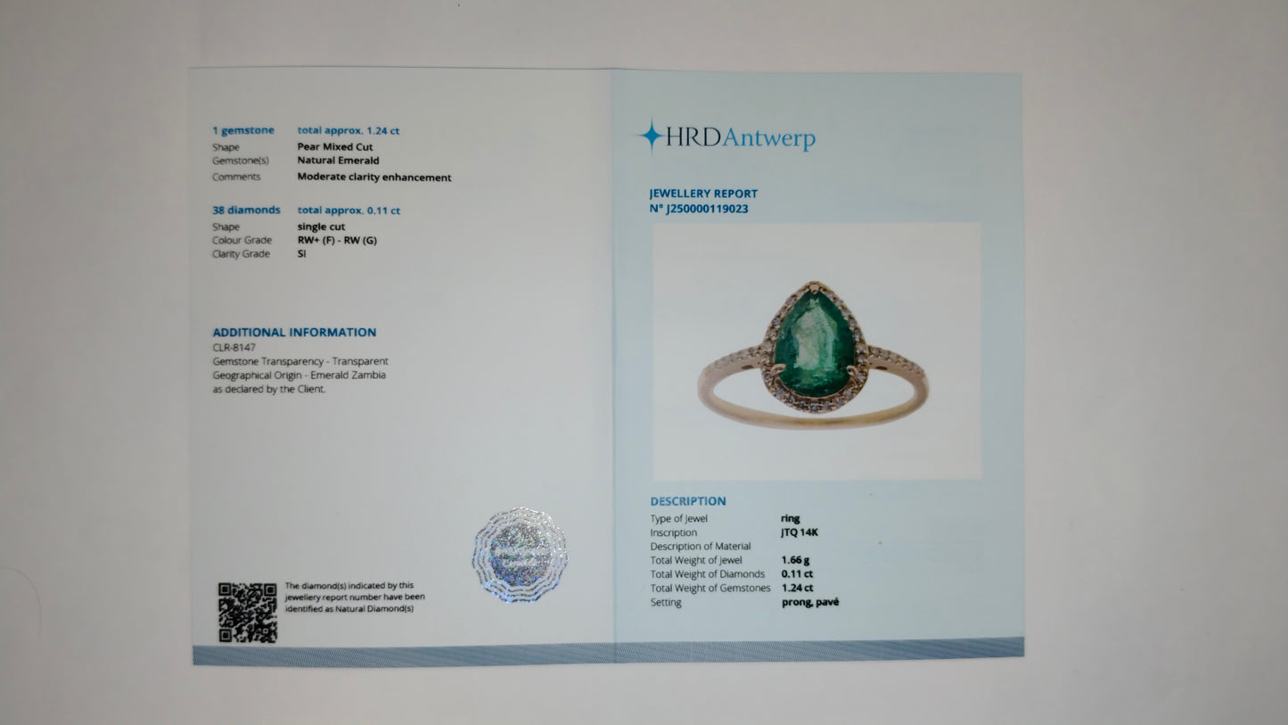 1.35 Ct Pear Mixed Cut Natural Emerald 14K Gold Ring