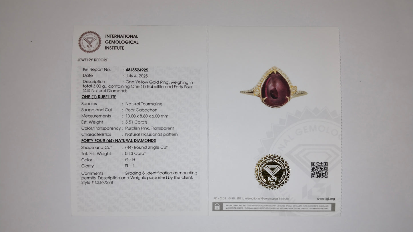 5.64 Ct Pear Cabochon Natural Tourmaline 14K Gold Ring